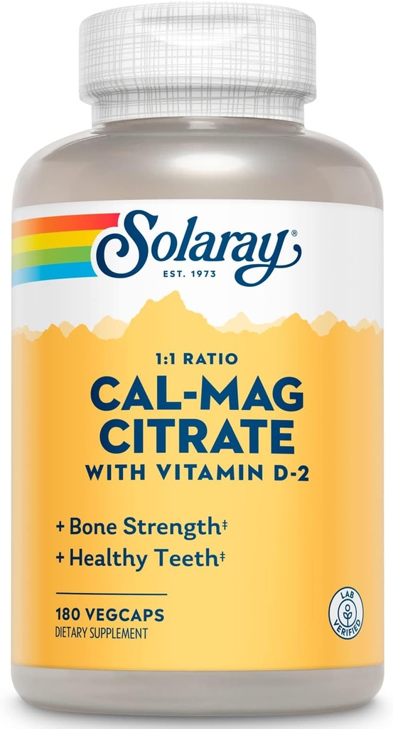 SOLARAY Calcio Magnesio Citrato 1:1 Ratio w/Vitamin D 2 - Suplementos Calcio para Mujeres y Hombres - Calcio 1000mg, Magnesio 1000mg - Soporte de Salud de Hueso - Garantía de 60 días, 30 Serviciones, 180 VegCaps
