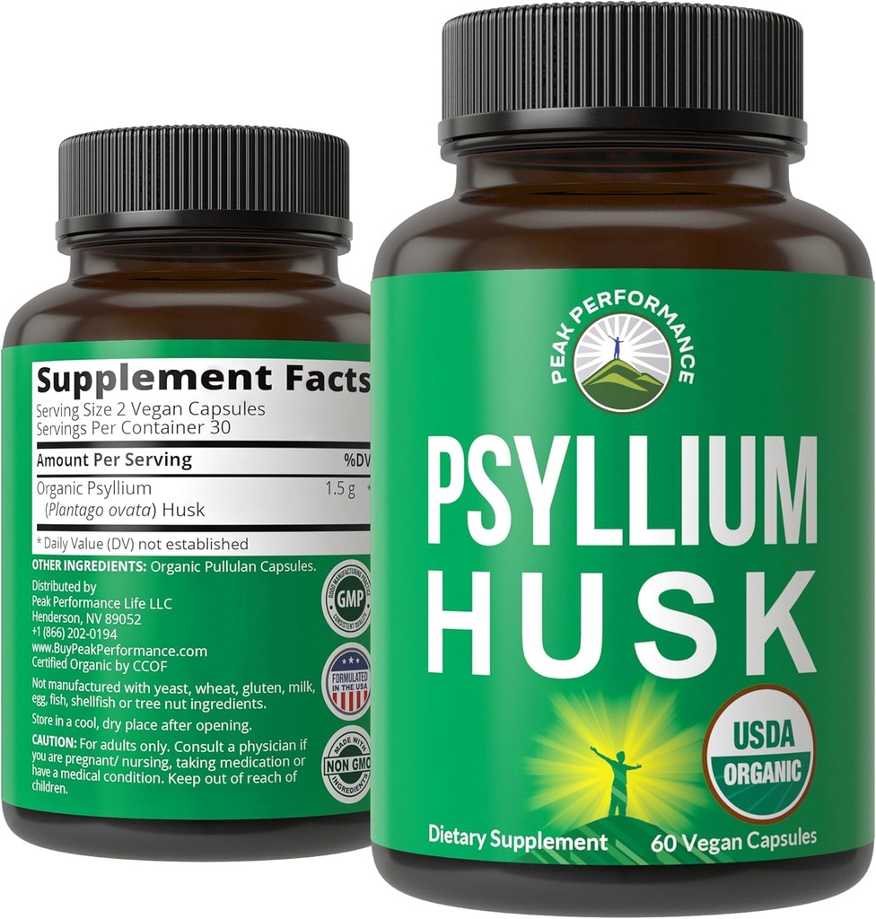 USDA Organic Psyllium Husk Vegan Capsules Made with Organic Psyllium Husk Seed. Suplemento de fibra para Gut. Prebióticos Digestivos. Pills for Digestion, Roughage Without Bloating. Cuadros