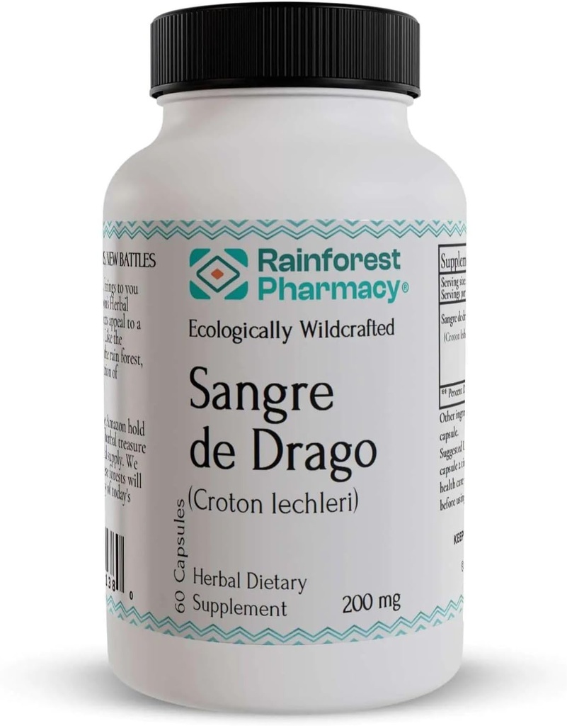 Sangre de Drago 60 cápsulas vegetarianas 200 mg - 100% Puro peruano ecológicamente salvaje Croton Lechleri Dragon’s Blood for Digestive and Skin Health