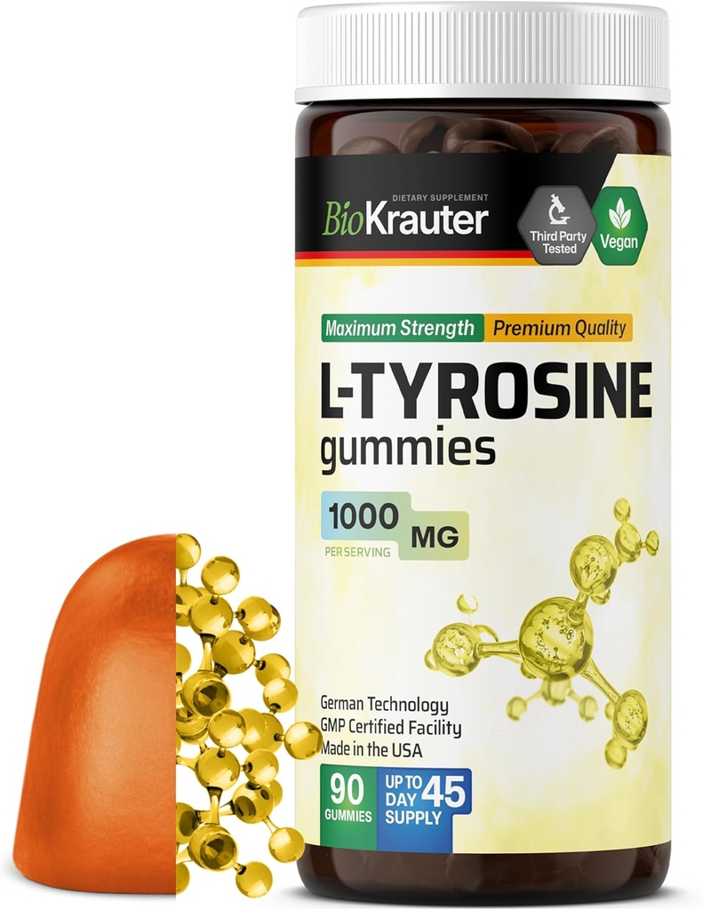 BIO KRAUTER L Tyrosine Supplement Gummies - 1000 mg Strength - 90 Vegan Chews - Mood y Cognitive Support - L-Tyrosine Gummies - Pectin-Based Formula