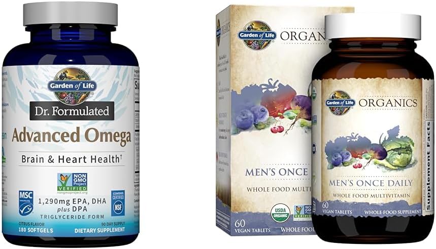 Jardín de la vida Omega-3 aceite de pescado 1,290mg + Multivitamina orgánica de los hombres, 60 tabletas