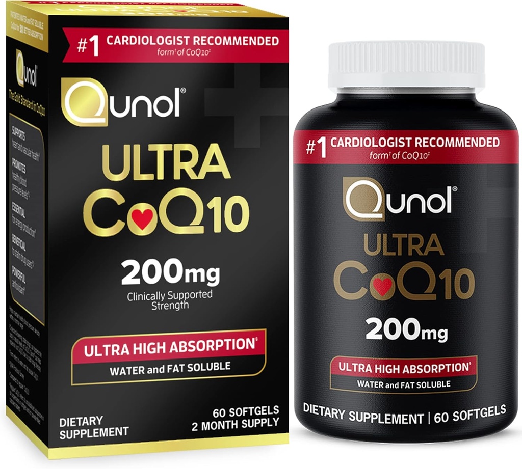 Qunol CoQ10 200mg Softgels, Ultra CoQ10 - Ultra Alta Absorción Coenzima Q10 Suplementos - Suplemento Antioxidante para la Producción de Energía Vascular y Corazón - 2 Mes Fuente - 60 Conde