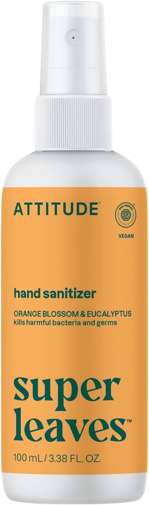 ATTITUDE Hand Sanitizer Spray for Adults and Kids, EWG Verified, Kills Bacteria and Germs, Vegan, Orange Blossom &amp; Eucalyptus, 3.38 Fl Oz (Spray Bottle)
