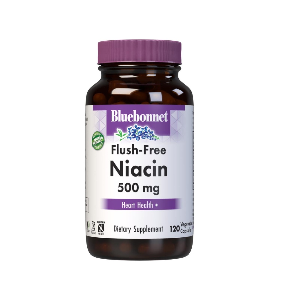 Bluebonnet Nutrition Flush-Free Niacin 500mg, for Nutritional Cardiovascular Support Vegetable Capsules, Soy/Dairy/Gluten Free, Non-GMO, Kosher Certified, Vegan, White, 120 Count