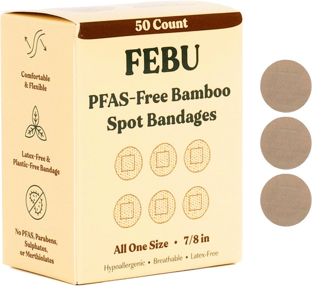 FEBU Eco-Friendly Bamboo Fabric Bandages | PFAS Free Bandages for Scrapes & Cuts | Flexible Fabric Bandage | Fully Compostable, Latex Free Bandage | 50 Count Spot