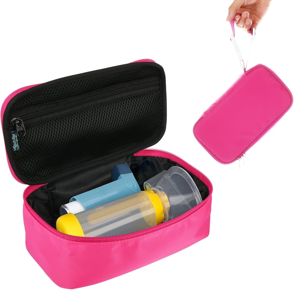 Caja de carga de belleza para Nebulizador portátil, Espaciador de inhaladores para niños y adultos, Asistente de inhaladores Asma Carrying Bag con Mesh Pocket for Medicine y otros esenciales, Rosa (sólo caja)