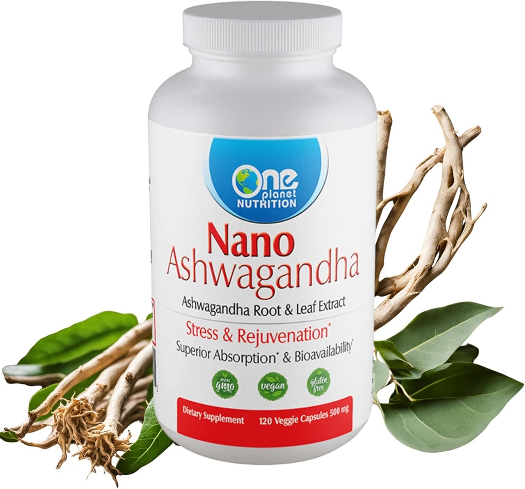 One Planet Nutrition Nano Ashwagandha Root &amp; Leaf 500 mg Veggie Capsules (120 Servings), 10:1 Extracto, soporta la función hormonal y neurológica para el alivio de estrés, no GMO, Vegan, libre de gluten
