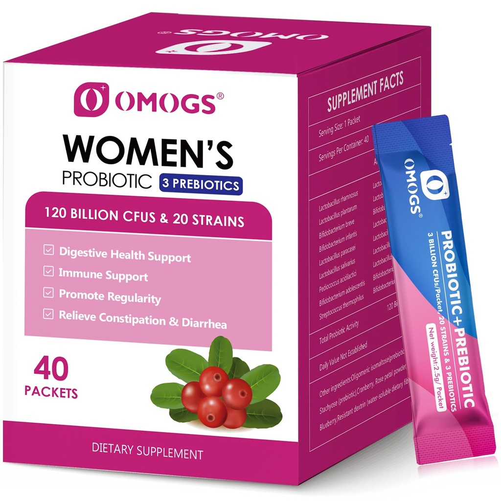 OMOGS Women's Probiotic,120-Billion-CFUs, 18 Strains, with 3 Prebiotics and Cranberry Extract, Help for Immune Booster, Digestive Health, Gut Health and Vaginal Health