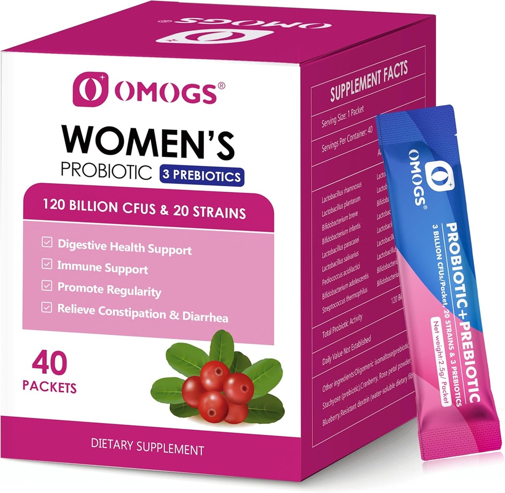 Probiótico femenino OMOGS, 120 millones-CFUs, 18 Strains, con 3 Prebióticos y Extracto de Arándano, Ayuda para Booster Inmunitario, Salud Digestiva, Salud Gut y Salud Vaginal