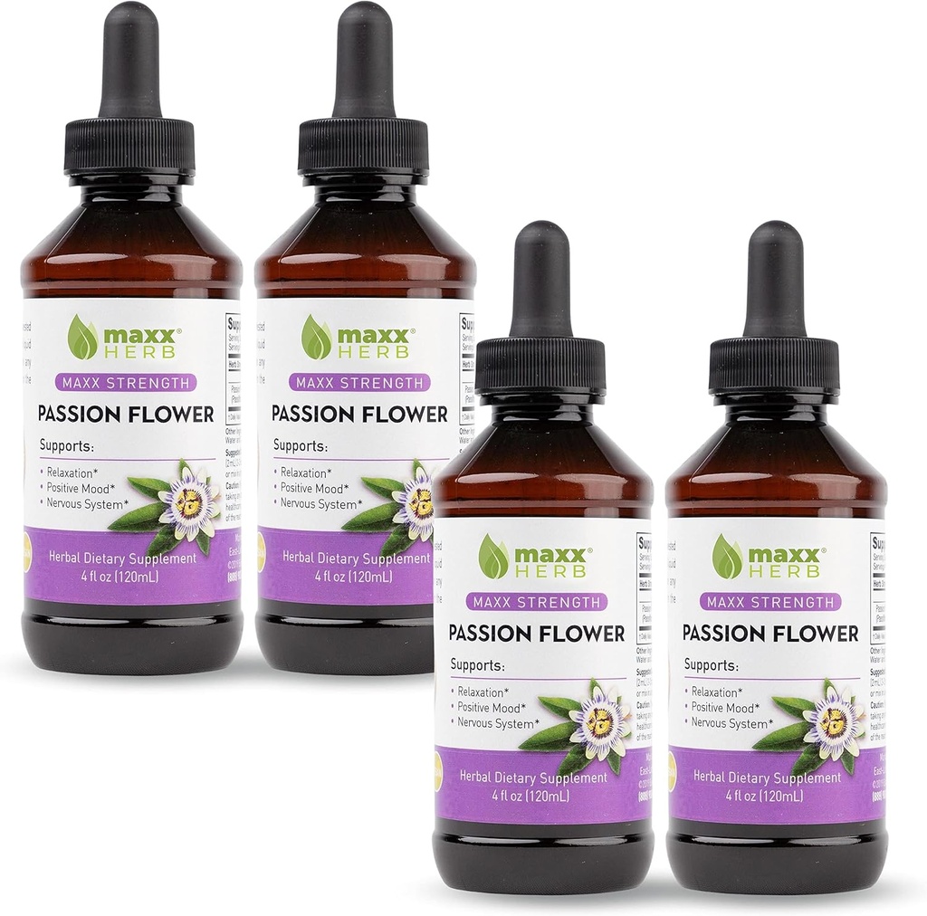 Maxx Herb Passion Flower Extract - Max Strength Passion-Flower Liquid Absorbs Better Than Capsules, for Relaxation and Stress Relief, Alcohol-Free - 4 Bottles, 4 Oz Cada (240 Servings)