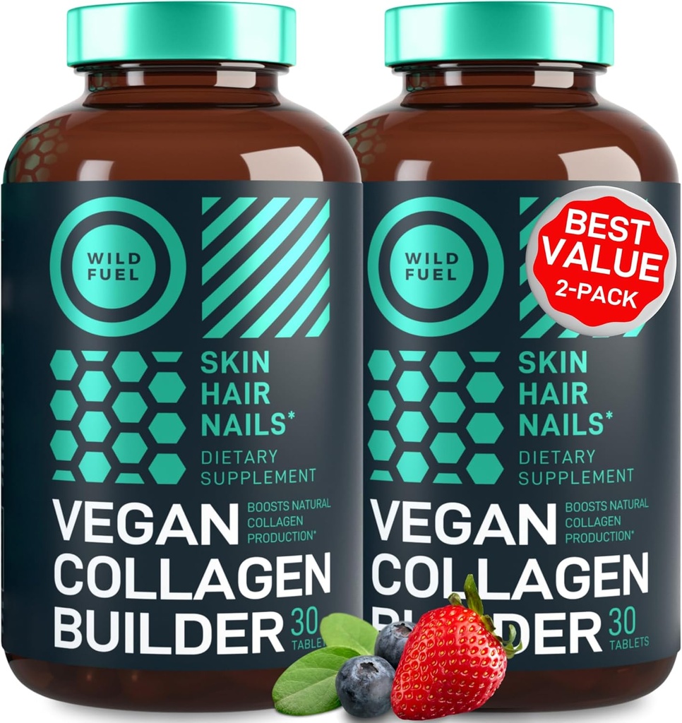 Láminas de cuello vegano - Suplementos de colágeno veganos sin crueldad - Biotina, Superalimentos orgánicos, vitaminas de colágeno vegetales para la piel, el cabello, uñas - 2-Pack, 60 Láminas de colágeno vegetal