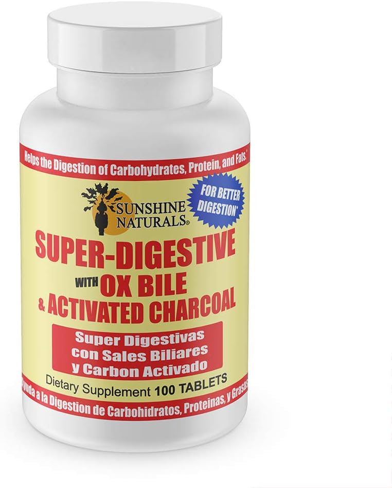 Sunshine Naturals Super Suplemento Digestivo. Ox Bile " Activated Charcoal for Digestive Support, Bloating Relief, Gut Cleanse, Nutrient Absorption, and Promotes Global Wellness. 100 Tabletas.
