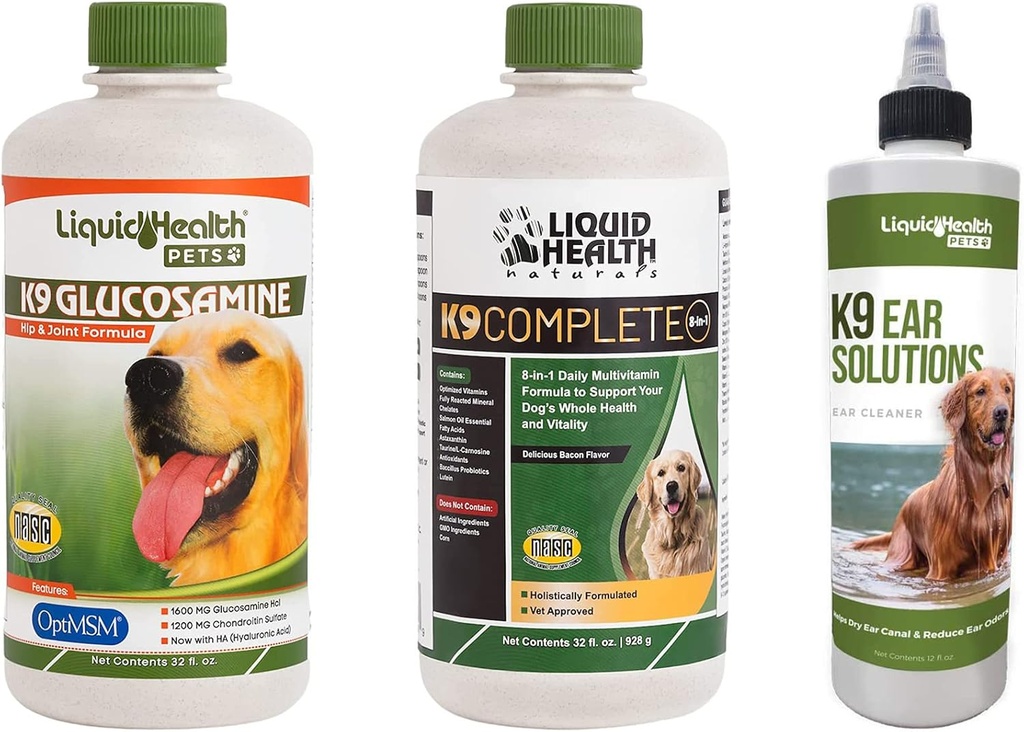 LIQUIDHEALTH Pets K9 Glucosamine Hip & Joint Formula, K9 Ear Wash Cleaning Solution, & K9 Complete 8-in-1 Dog Multivitamin - Pet Vitamin Bundle for Joint Health, Mobility, Immune Support - Made in USA