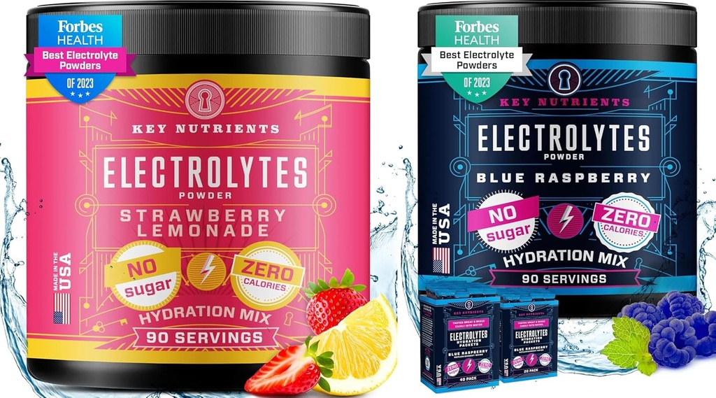 KEY NUTRIENTS Electrolytes Powder Ultimate Hydration & Wellness Bundle - Juicy Strawberry Lemonade & Sweet Blue Raspberry Electrolyte Powders - Zero Sugar, Keto-Friendly, 90 Servings Cada
