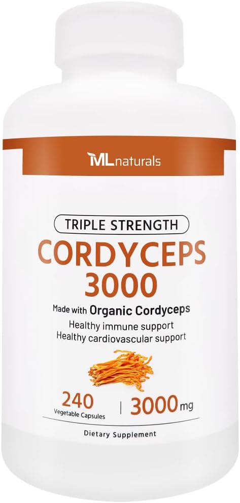 ML Naturals Triple Strength Cordyceps 3000 Made with Organic Cordyceps, 240 Vegetable Capsules. Healthy Immune Support, Non-GMO, NSF-Certified " cGMP-Compliant Third-Party Lab Tested.