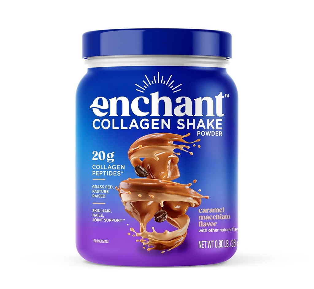 Enchant Collagen Protein en polvo, Caramel Macchiato sabor – 20g Grass Colagen Peptides, Avocado Oil Creamer, fuente de Omega 9 + fibra, para juntas, músculo, piel, soporte para el cabello, 0,80 lb