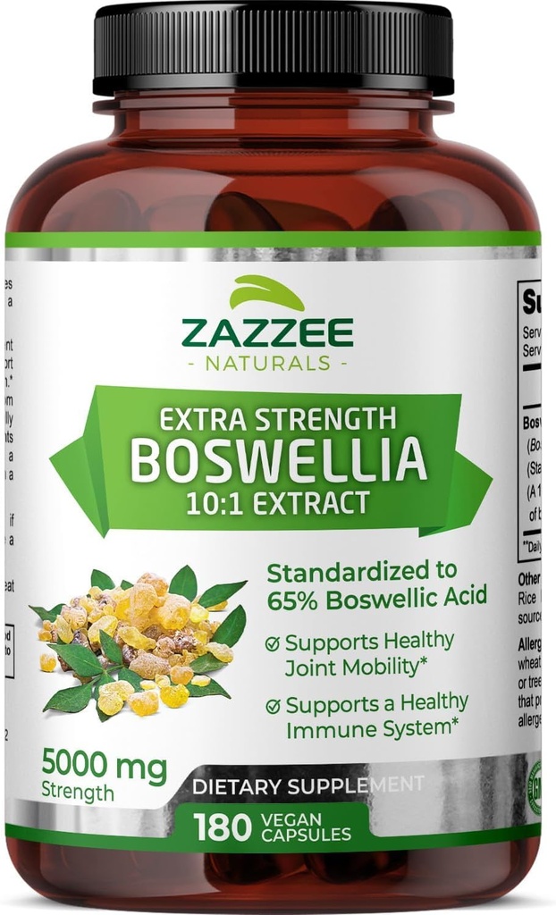 Zazzee Extra Strength Boswellia Serrata 10:1 Extract, 5000 mg Strength, 65% Boswellic Acid, 180 Vegan Capsules, 6 Month Supply, Standardized 10X High Potency, 100% Vegetarian, All-Natural, Non-GMO