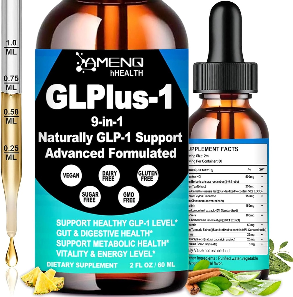 GLP-1 Suplemento para Hombres Mujer, 9 en-1 Naturalmente GLP-1 Apoyo w. Berberine HCI Cyelon Cinnamon Green Tea Eriocitrin, GLP1 para Gut Digestion Metabólico, GLP-1 gotas 6X más fuerte que cápsulas