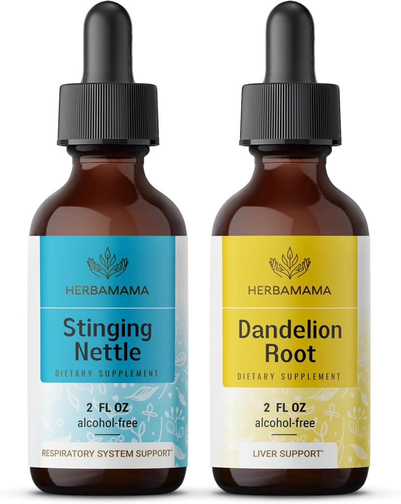 HERBAMAMA Herbal Liquid Drops Kit - Bundle of Stinging Nettle & Dandelion Root Tincture 2 fl oz - Vegan, Non-GMO, Sugar & Alcohol-Free - 2 Pack