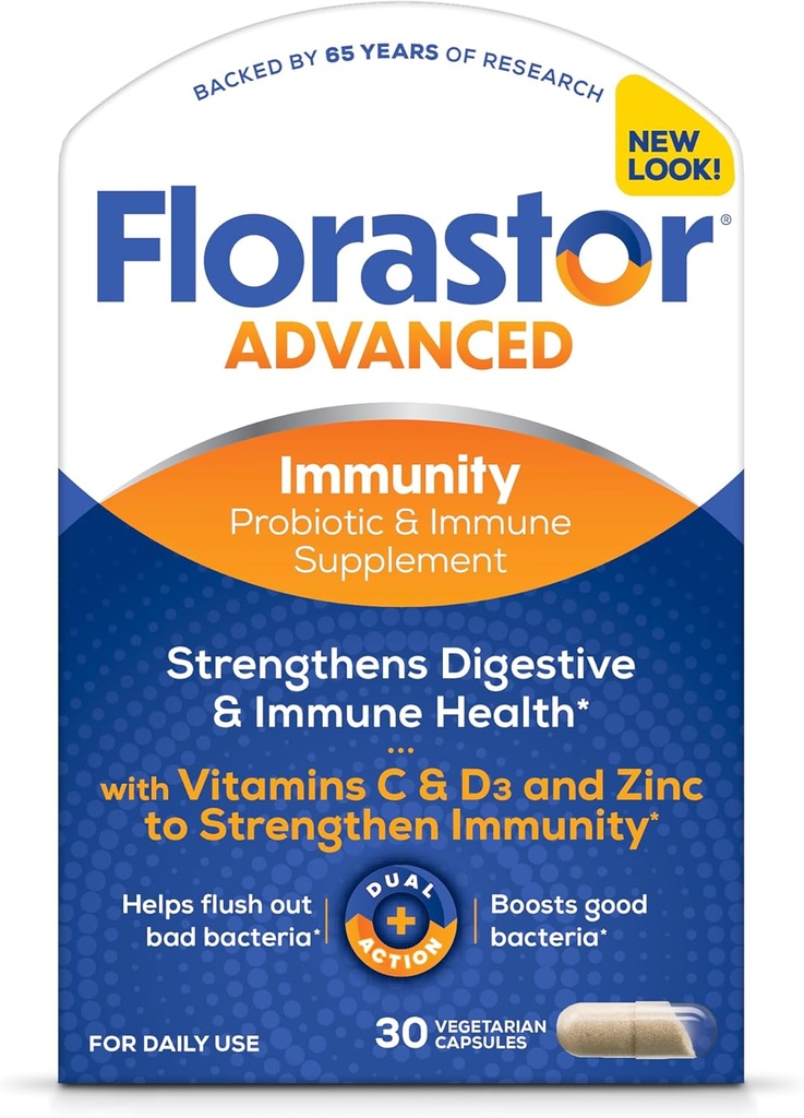 Florastor Select Immunity Boost Daily Probiotic & Immune Support Supplement for Women and Men, Saccharomyces Boulardii CNCM I-745 Plus Zinc, Vitamin C & D3 (30 Capsules)