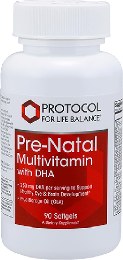 Protocolo Multivitamínico prenatal con DHA - 250 mg DHA - para el embarazo y apoyo a la lactancia* - con DHA, Calcio, Cobre, B12 &amp; Vitamina C - Halal & Dairy Free - 90 Softgels