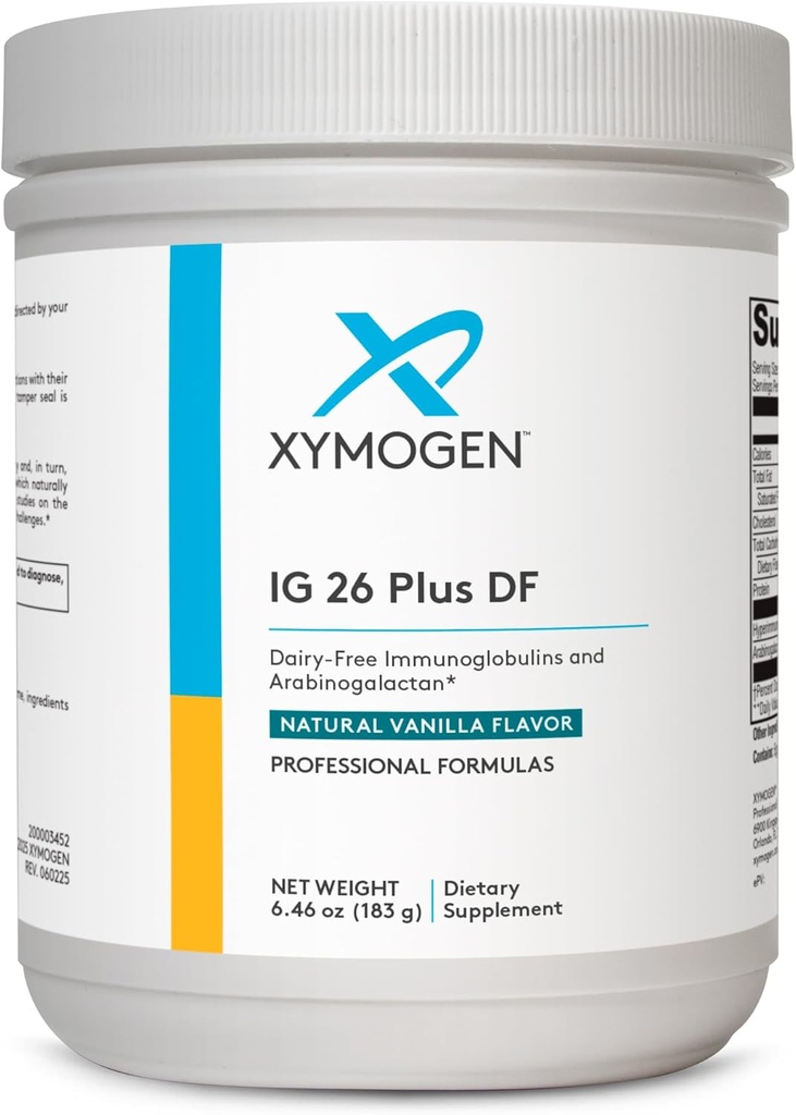 XYMOGEN IG 26 Plus DF - Dairy Free Immunoglobulin Powder + IgY Max Hyperimmunized Egg - Promotes Intestinal Health, Cytokine Balance, Muscle Performance + Recovery - Vanilla Flavor (6.46 oz)