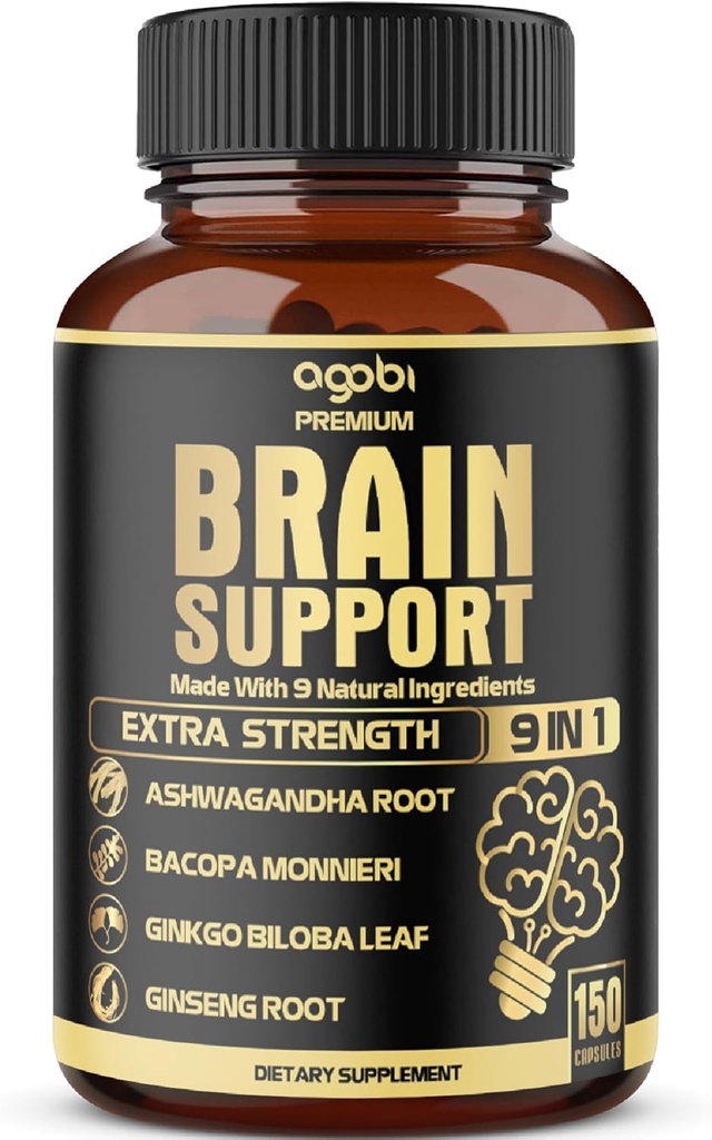 agobi 9in1 Brain Support Suplemento - Blended with Ashwagandha, Panax Ginseng, Gotu Kola, Ginkgo Biloba, Black Pepper &amp; Más - Precisión, Focus, Memory &amp; Energy Booster - 150 cápsulas para 5 meses