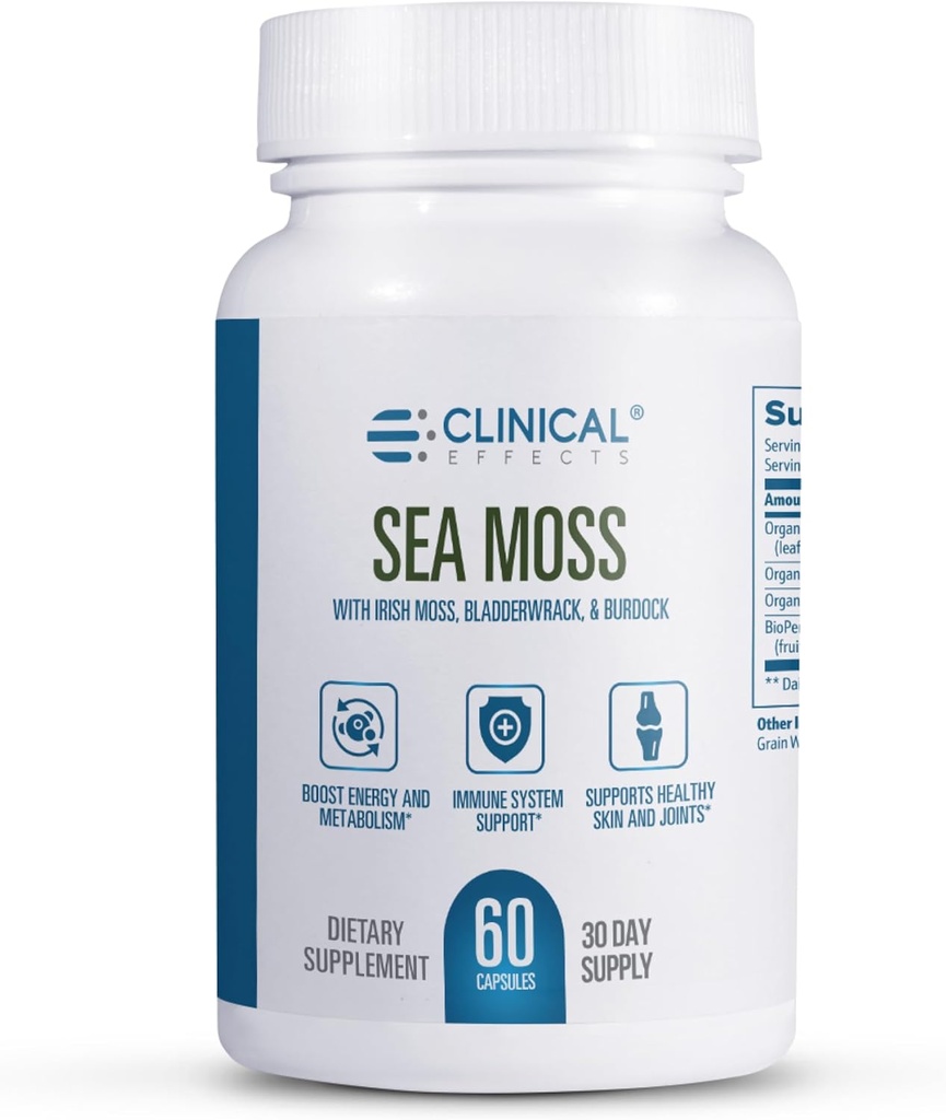 Efectos clínicos Moss del Mar - Moss del Mar Irlandés Orgánico Capsules con Bladderwrack, Burdock Root y Bioperina para Tiroides, Salud del Corazón, Gestión de Peso y Apoyo Energético - 60ct - Hecho en los EE.UU.