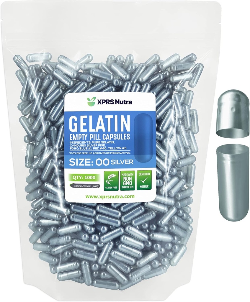 XPRS Nutra Size 00 Empty Capsules - 1000 Conde Empty Gelatin Capsules - Pill DIY Capsule Filling - Fillable Pills Gel Caps for DIY Supplements (Silver)
