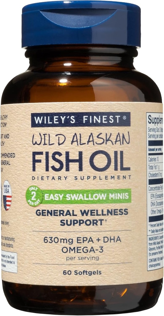 Wiley's Finest Wild Alaskan Fish Oil Easy Swallow Minis - Omega-3 Fish Oil Supplement for Adults and Kids - Double-Strength 630mg EPA y DHA Natural Supplement - 60 Mini Softgels (30 Servings)