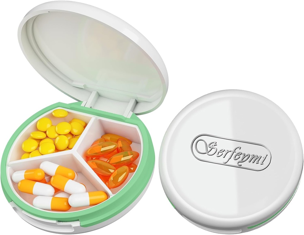 Serfeymi Small Pill Box - 3 Compartimientos Caja de Píldora Portátil, Caja compacta de Píldora de Viaje Mini - Adecuado para Medicina, Vitamina, Petróleo de Pesca, Suplementos - Blanco(Logo)