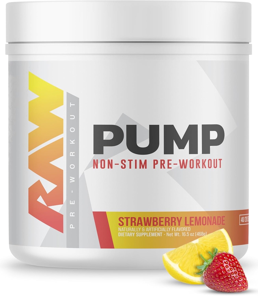 Bomba RAW Stim Free Pre Workout (Strawberry Lemonade) - Non-Stimulant Pre Workout Suplemento Powder Nitric Oxide Booster - Pre Workout Suplementos Bebida para Durante el entrenamiento - 40 Servimientos