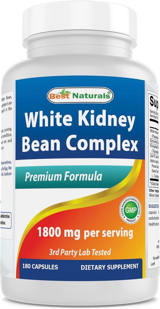 Best Naturals White Kidney Bean Complex 1800 mg Por Serving- 180 Capsules. Non-GMO, and Gluten Free