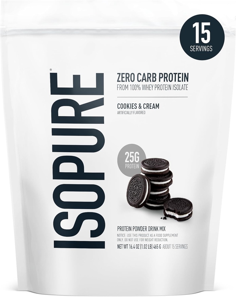 Isopure Zero Carb 100% Pure Whey Isolate Protein Powder, Lactose Free, Gluten Free, With Vitamins, Cookies & Cream, 25g Protein Por Serving, 1 Lb, 15 Servings (Packaging May Vary)