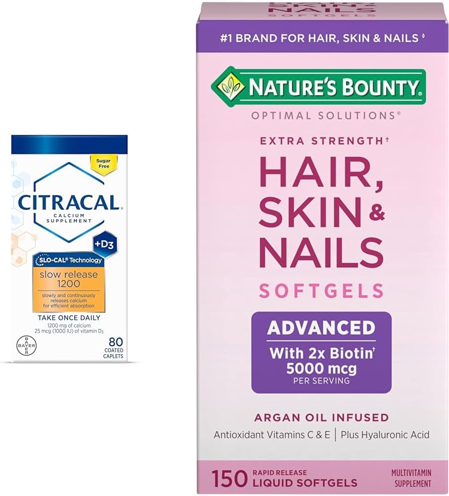 CITRACAL Slow Release 1200, 1200 mg Calcium Citrate y Calcium Carbonate Blend &amp; Nature's Bounty Advanced Hair, Skin & Nails
