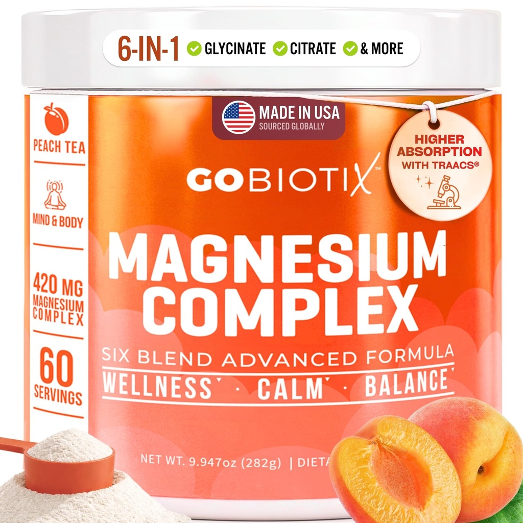 GoBiotix Magnesium Glycinate Powder – Suplementos de Cortisol para Mujeres y Hombres – High Absorption Magnesium Complex Suplemento Calm with Citrate, Malate – Sugar Gratis – 420 mg, 60 Servings - Peach Tea