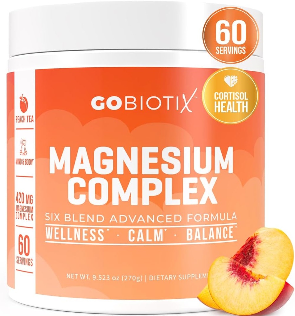 GoBiotix Magnesium Glycinate Powder – Suplementos de Cortisol para Mujeres y Hombres – High Absorption Magnesium Complex Suplemento Calm with Citrate, Malate – Sugar Gratis – 420 mg, 60 Servings - Peach Tea