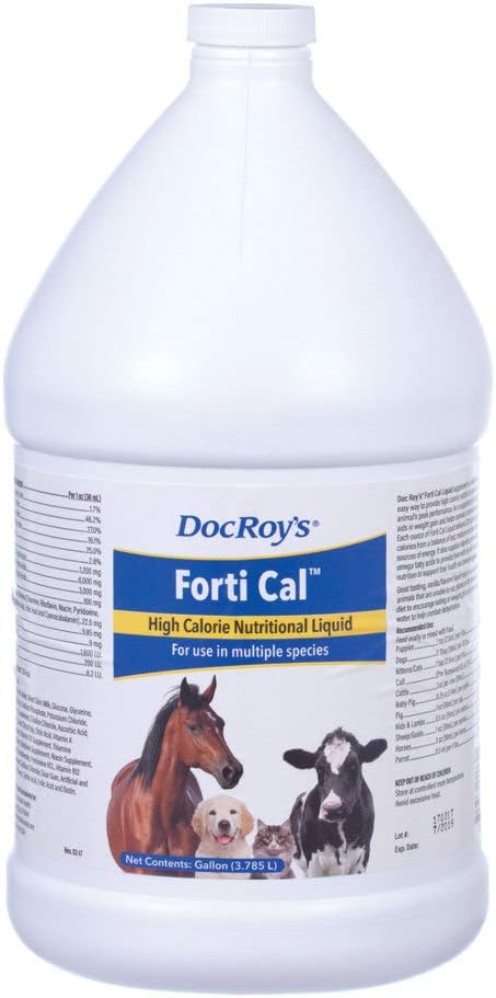 Doc Roy's Forti Cal Liquid, High Calorie Energy Supplement for Dogs, Cats, Horses, Livestock, Supports Weight Gain, Recovery, Hydration, with Omega 3 6 9, Vitaminas A D3 E C, Made in USA, 1 Gallon