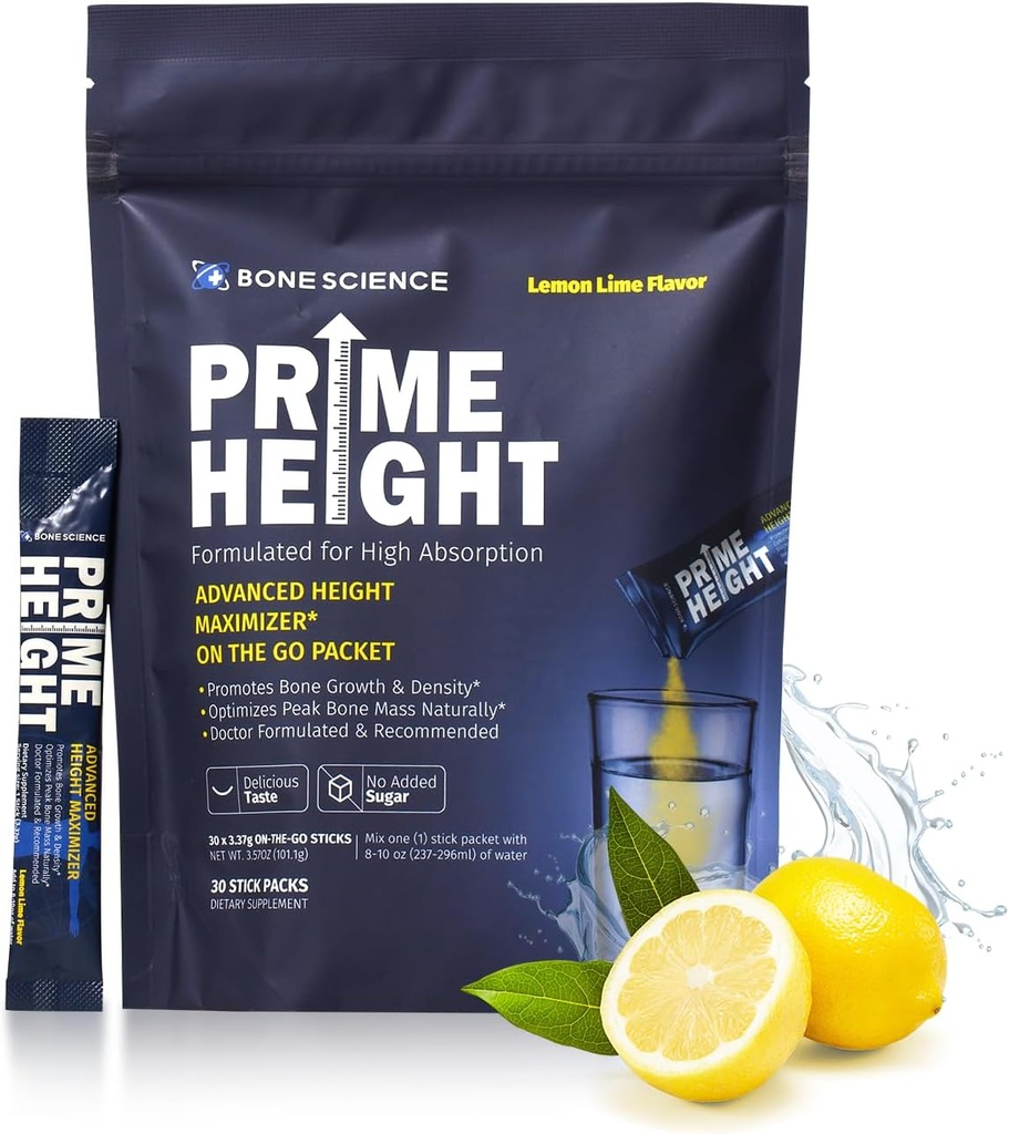 BONE SCIENCE - Primera Altura Mutivitamin Powder - Mezcla de Bebida de Desarrollo de Altura para Niños &amp; Adolescentes, Bone &amp; Immune Support, Sugar-Free Lemon Lime Flavor, 30 Sticks