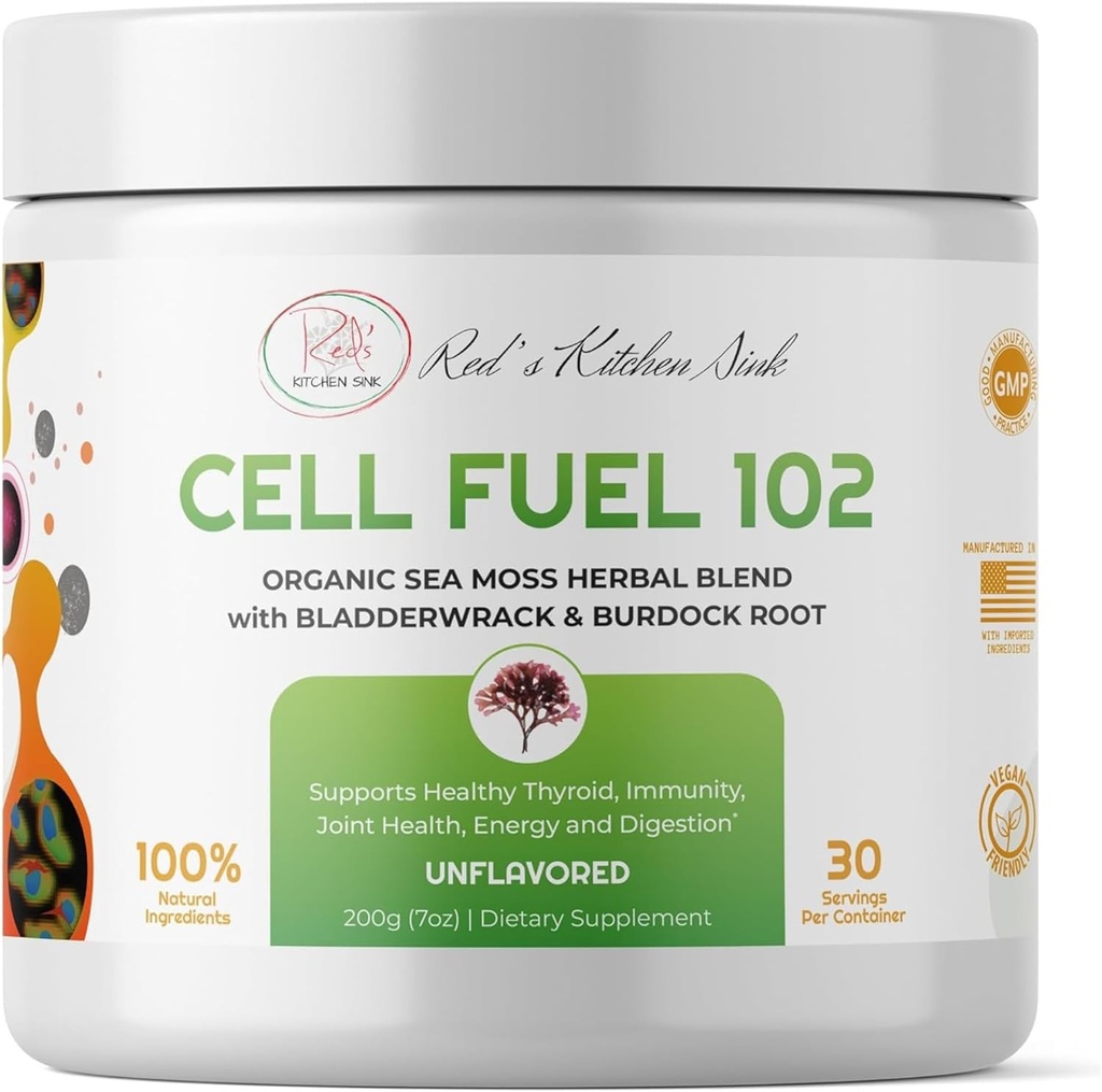 Red's Kitchen Sink Cell Fuel 102 – Organic Sea Moss Powder with Bladderwrack & Burdock Root ← Dr. Sebi Inspired Herbal Blend ← Vegan, Natural, 30 Servings (7oz)