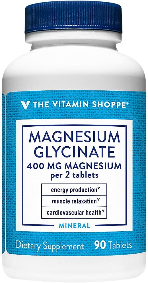 La vitamina Shoppe Magnesium Glycinate 400MG - apoya la producción de energía, promueve la relajación muscular y mejora la salud cardíaca para el bienestar general (90 Tablets)