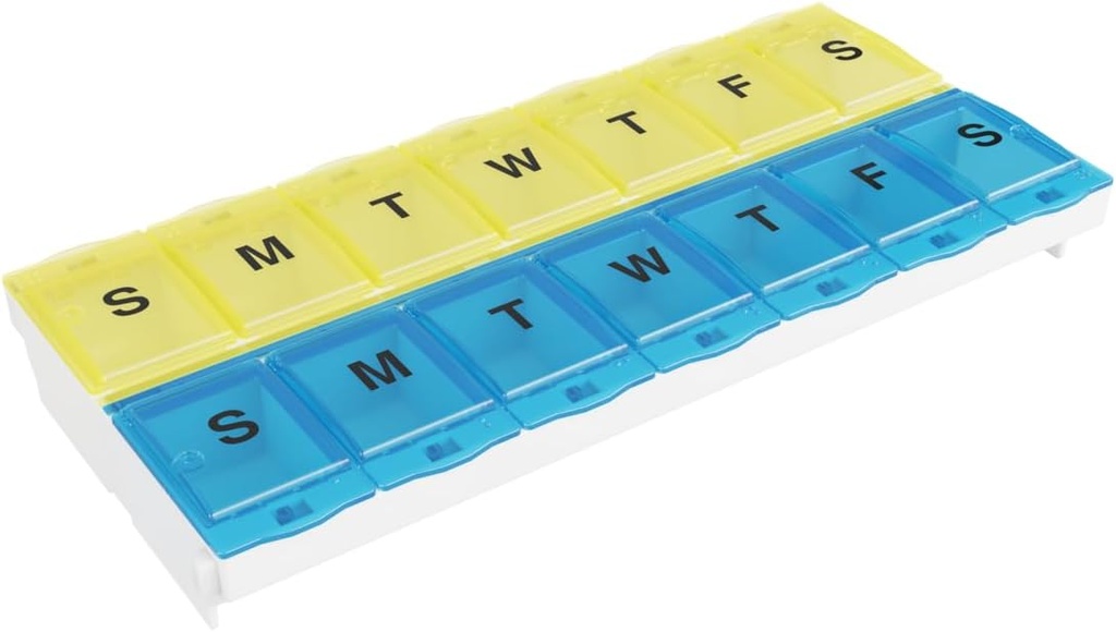 EZY DOSE Pill Organizador semanal AM/PM (7 días), Planificador de Medicina, Caso de Vitamina/Box, 2X-Large Locking Compartments to Secure Prescription and Prevent Accidental Spilling, Blue and Yellow, BPA Free