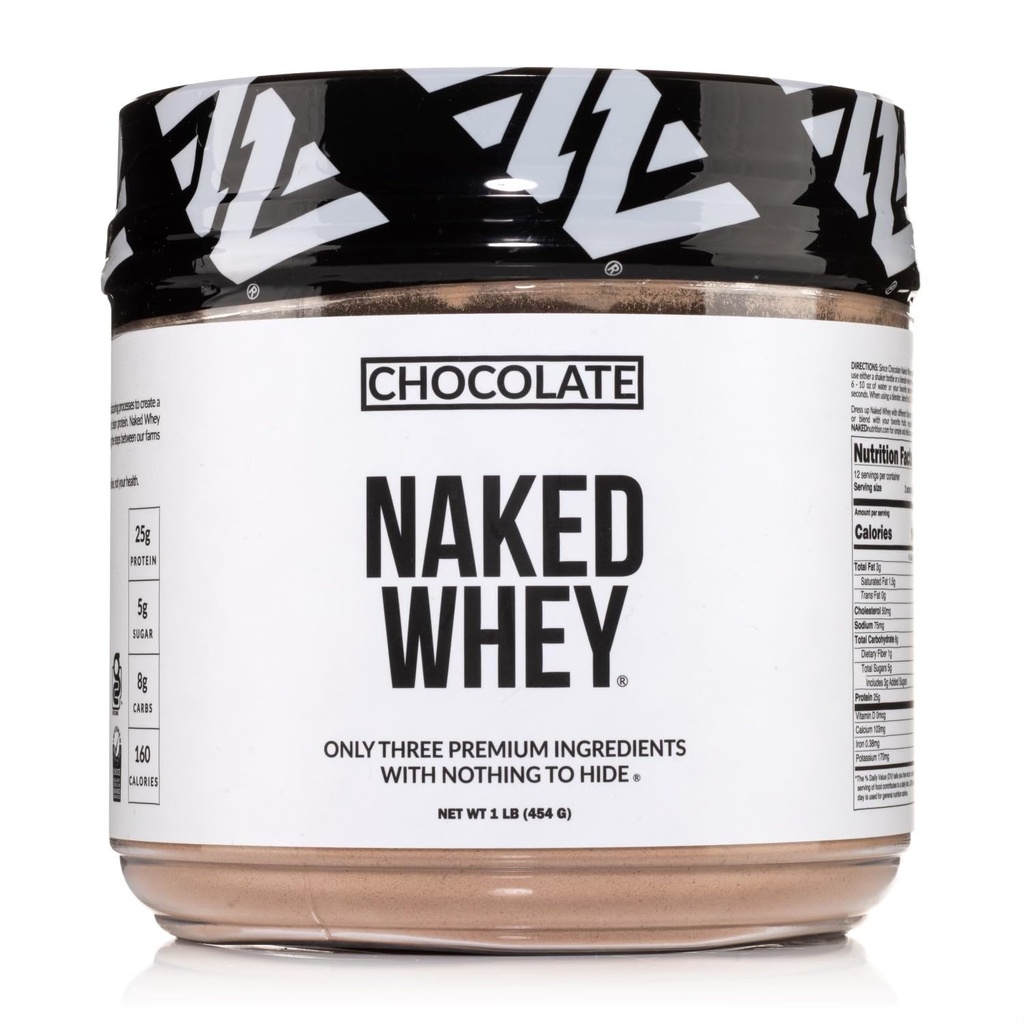 NAKED Chocolate Whey 1LB - All Natural Grass Fed Whey Protein Powder, Organic Cacao, and Coconut Sugar - NSF Certified, No GMO, No Soy, and Gluten Free, Aid Growth and Recovery - 12 Servings