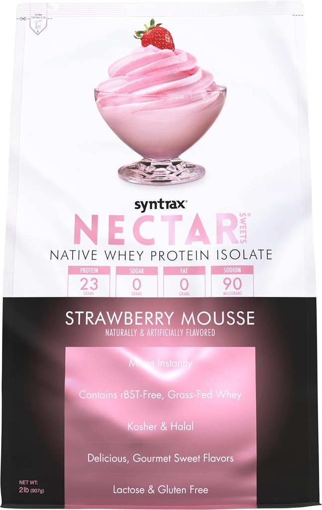 Sintrax Nutrition Nectar Sweets, 100% Whey Isolate Protein Powder, Strawberry Mousse, 2 libras
