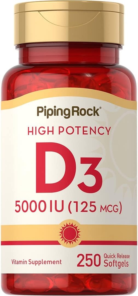 Piping Rock Vitamina D3 5000 UI ANTE 250 Softgels ← High Potency Supplement TEN Non-GMO, Gluten Free