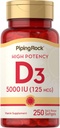 Piping Rock Vitamina D3 5000 UI ANTE 250 Softgels ← High Potency Supplement TEN Non-GMO, Gluten Free