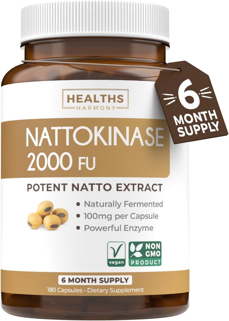 Salud Armonía Nattokinase 2000 FU (No-GMO) Suplemento potente de Nattokinasa Hecho de soyas fermentadas naturalmente - (6 mes de suministro) 180 Vegan Natto Capsules
