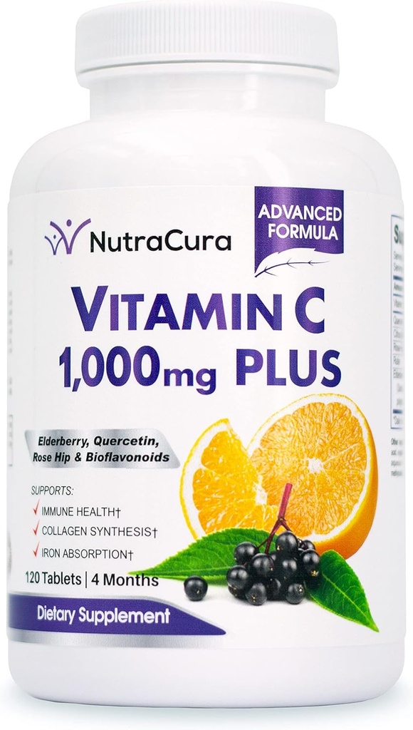 Immunity Vitamin C 1000mg with Elderberry, Quercetin, Bioflavonoids, Rose Hips, Rutin - 4 Months Supply, 120 Tablets - Immune System Support