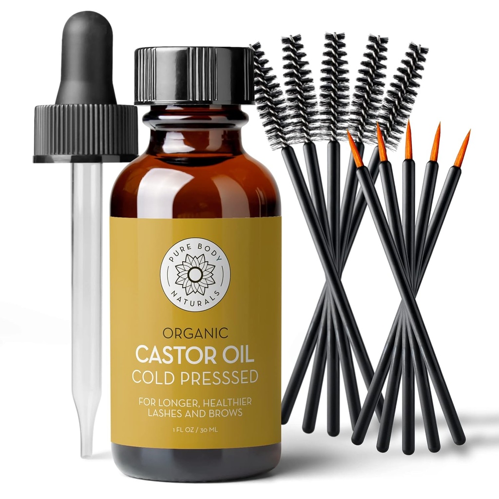 Aceite de Castor Cuerpo puro para pestañas y cejas - 1 Fl Oz Crecimiento de Cejas de Nutrición Suero - Orgánica, Hexane Libre, Fl Presionado, Sin Refinar - Ojo y Crecimiento de Cejas Suero para Mujeres