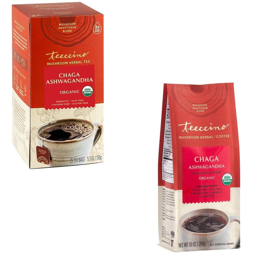 Teeccino Chaga Ashwagandha Tea " Chaga Ashwagandha Coffee Alternative Bundled Collection, Butterscotch Cream, Caffeine Free " Acid Free, Adaptogenic Herbal Mushroom Coffee